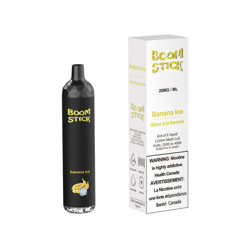 Banana Ice - Boom Stick Rechargeable Vape - Sleek design, 2500-4000 puffs, 650mAh battery, 1.2ohm mesh coil, 6mL/20mg e-liquid, Type-C charging - Vape Cave