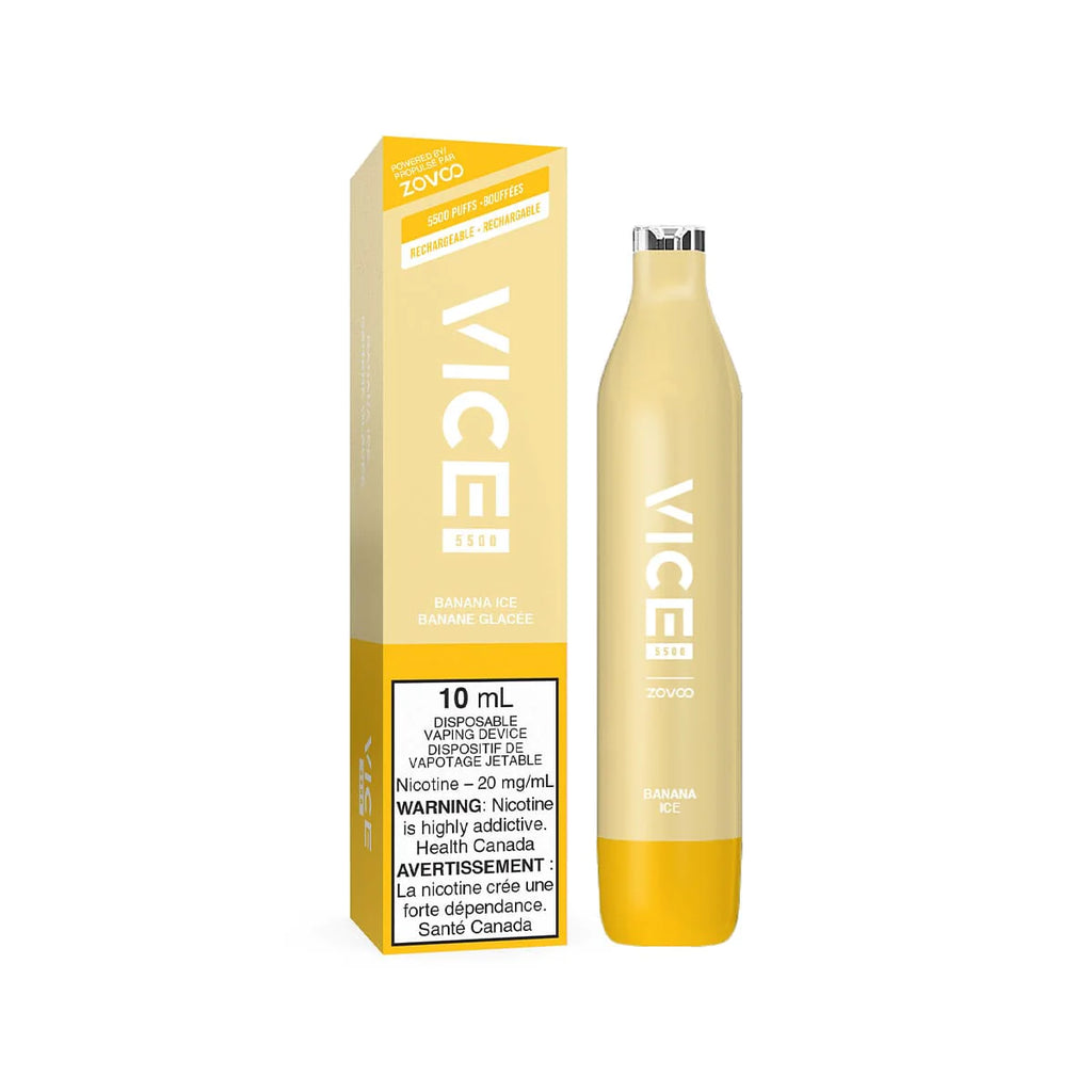 Vice 5500 Rechargeable Disposable Vape - Banana Ice - Sleek design, up to 5500 puffs, 1000mAh battery, 10ml/20mg e-liquid capacity, USB-C rechargeable, mesh coil - Vape Cave