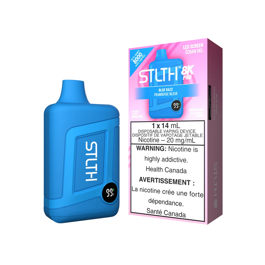 Stlth 8K Pro Blue Razz flavor, 8,000 puffs, dual coils, 800mAh battery, and LED display.