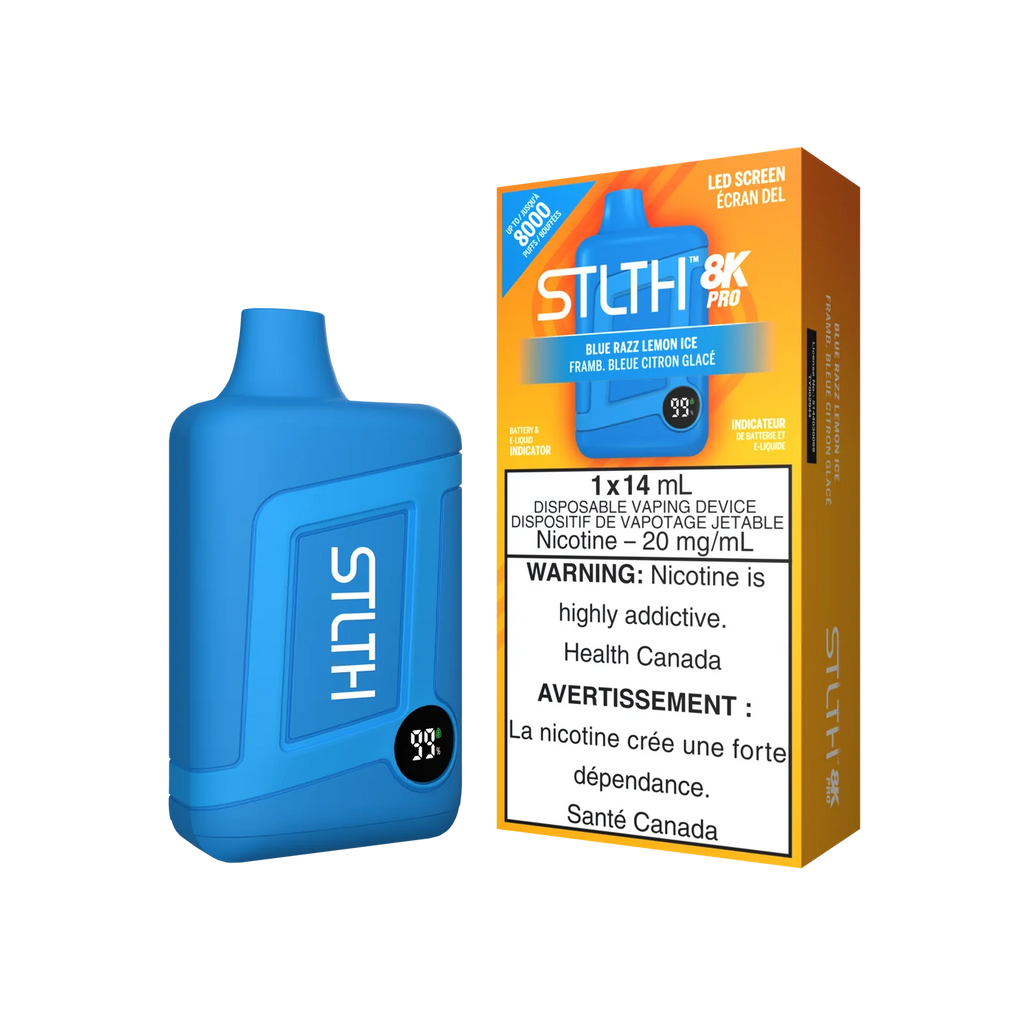 Stlth 8K Pro Blue Razz Lemon Ice, tart lemon and raspberry blend with cooling effect.