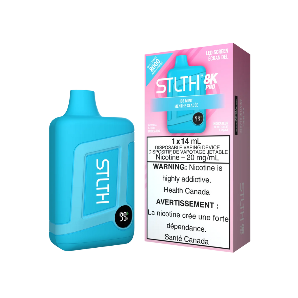 Stlth 8K Pro Ice Mint, crisp mint flavor with a cool exhale, offering a fresh and long-lasting vape.