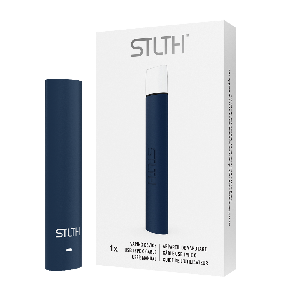 Stlth Device in Navy Blue with 300 draws per charge and battery status lights.