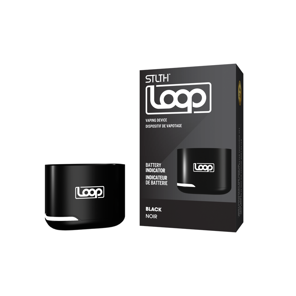 Stlth Loop Device in Black Metal, featuring 600mAh rechargeable battery, Type-C charging, and compatibility with Loop Pods.