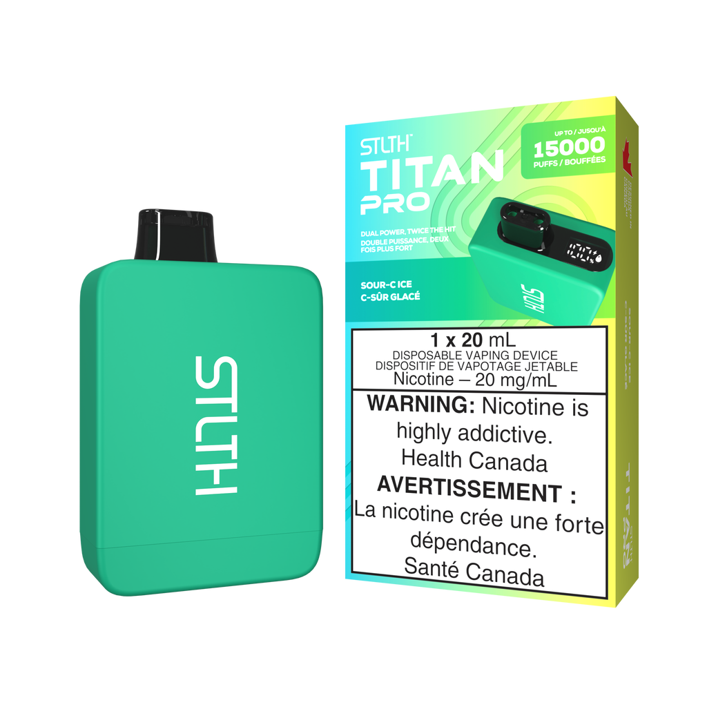 Sour-C Ice Stlth Titan Pro, sour citrus burst flavor with a frosty exhale, dual coil for intense vapor.