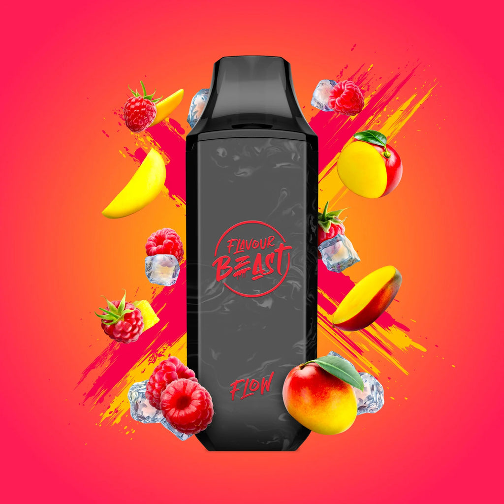 Ragin' Razz Mango Iced - Flavour Beast Flow Disposable Vape - Sleek design, up to 4000 puffs, 10mL juice capacity, 600mAh battery, 1.2 ohm mesh coil - Vape Cave